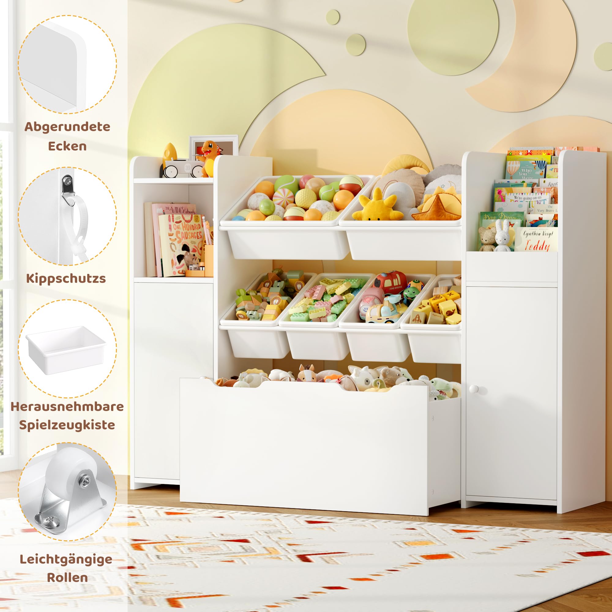 FOREHILL Kinderregal mit 7 Boxen, Kinderzimmer Möbel, Bücherregal Kinder | Kinderregal, Spielzeug Aufbewahrung, Kinderschrank mit spielzeugkiste, Kinderzimmer, Kindergarten, Leseecke 138x30x94cm