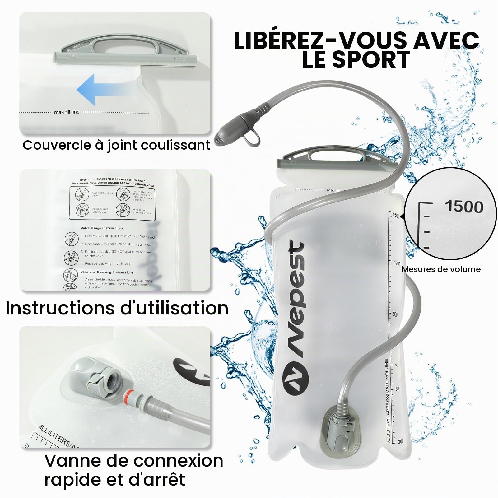 Nepest Sac à dos d'hydratation pour enfant, poche à eau de 1,5 l, bouteille d'eau respirante, avec bandes réfléchissantes et sangles réglables