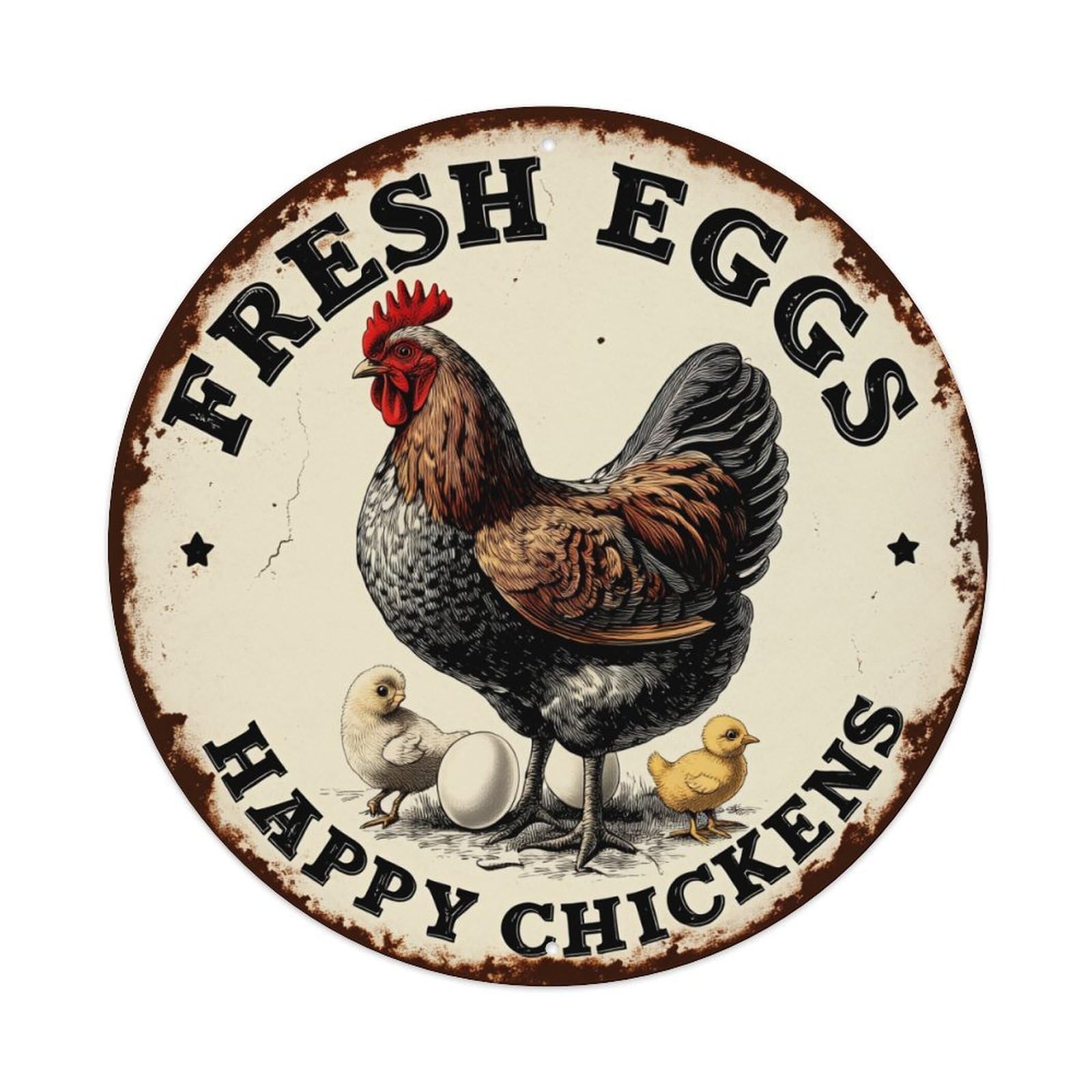 Fresh Eggs Happy Chickens Rooster Chicks Round Tin Sign Vintage Metal Poster, Home Bar Garage Man Cave Cafe Indoor & Outdoor Wall Decoration 8x8Inches