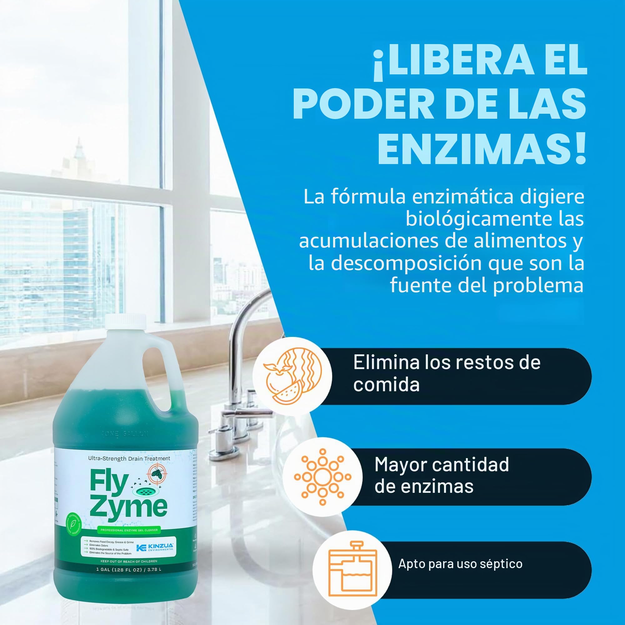 FlyZyme | Gel enzimático de drenaje ultra fuerte | Eliminador de FlyZyme de drenaje y frutas | Limpiador y tratamiento enzimático altamente concentrado | Ecológico y seguro para tuberías (1 galón)