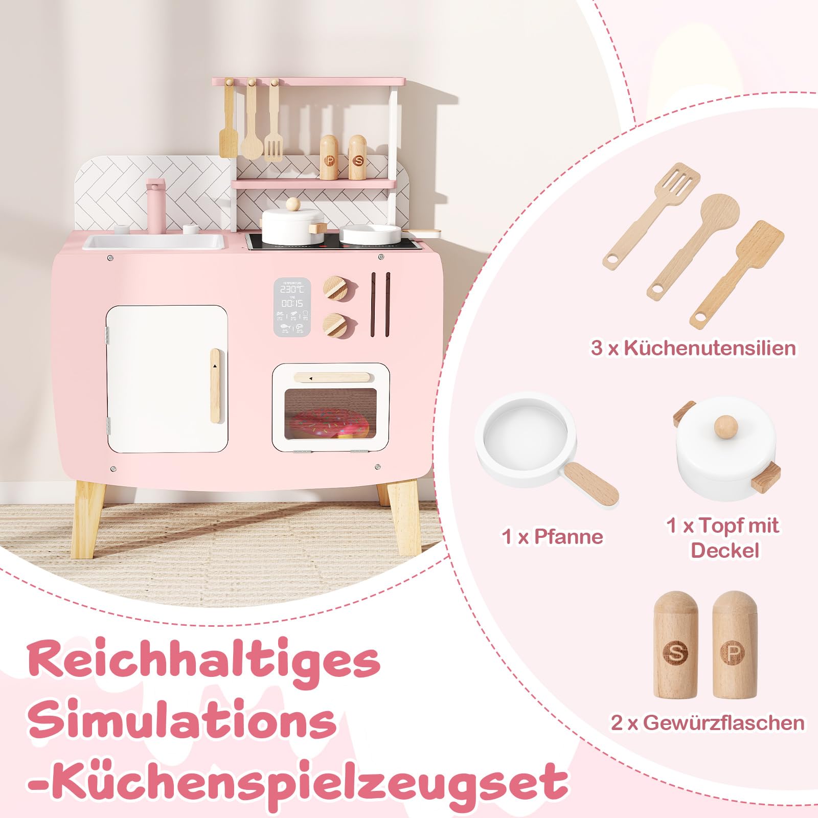 COSTWAY kuchnia dziecięca z drewna, kuchnia do zabawy z kuchenką, zlewem, kranem & piekarnikiem, mini kuchnia z naczyniami do gotowania, szafkami do przechowywania & regałami, zabawka kuchnia dla