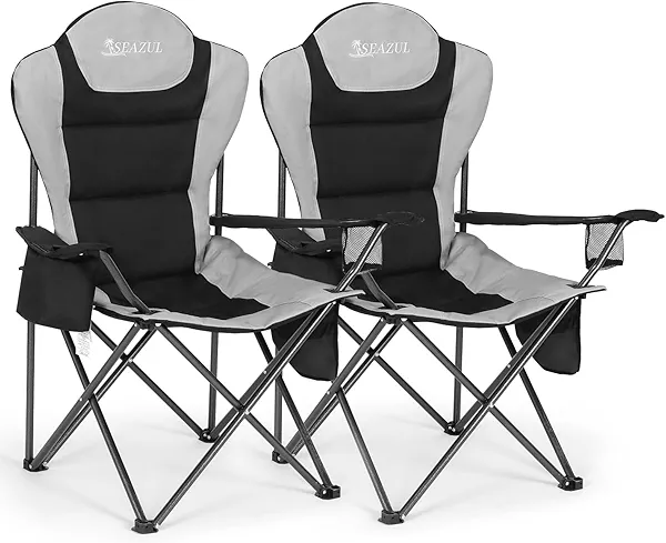 Seazul Camping Chairs 2 Pack, Camp Chair for Adults, Folding Chairs for Outside, Support 380 LBS, Portable Travel Lawn Outdoor Camping Chairs with Cup Holder & Cooler Bag, Sports Chairs for Baseball