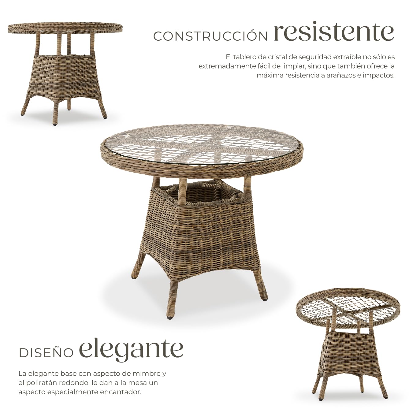 tectake® Mesa Jardín Exterior de Ratán y Aluminio Inoxidable, Mesa Terraza con Tablero Extraíble de Vidrio de Seguridad, Mueble Jardín Resistente a Intemperie, Topes en Patas, Fácil Montaje - Natural