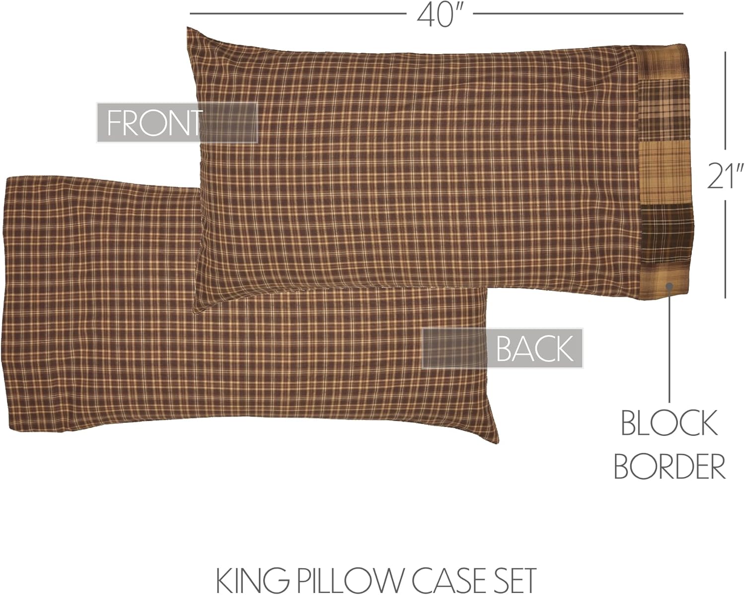 VHC Brands Prescott Block Border Plaid Cotton Rustic Patchwork Bedding Accessory, King Pillowcase Set 21x40