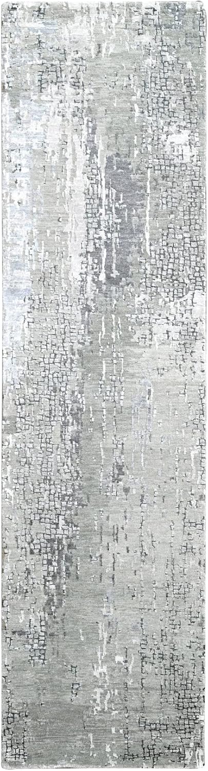 Gray Abstract with Mosaic Design Wool and Silk Hand Knotted Runner Rug (2'7"x9'10")