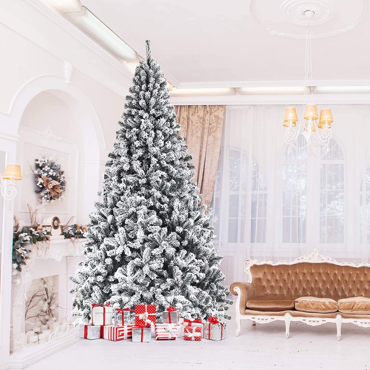 ReunionG 9FT Snow Christmas Tree, Artificial Flocked Hinged Pine Tree, Holiday Decoration Tree with Premium PVC Needles and Solid Metal Stand, Full Christmas Tree for Indoor Outdoor (9FT)