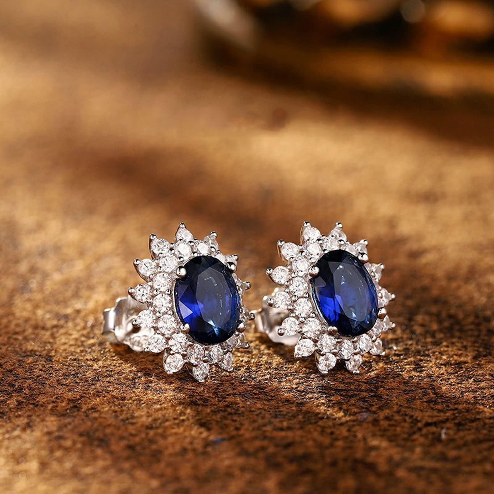Ohrringe Weißgold 9K / 14K / 18 Karat Damen, Blume mit Oval mit Erstellter Saphir 1,85 Karat und Moissanit, Ohrringe Blau Silber für Hochzeit Frauen