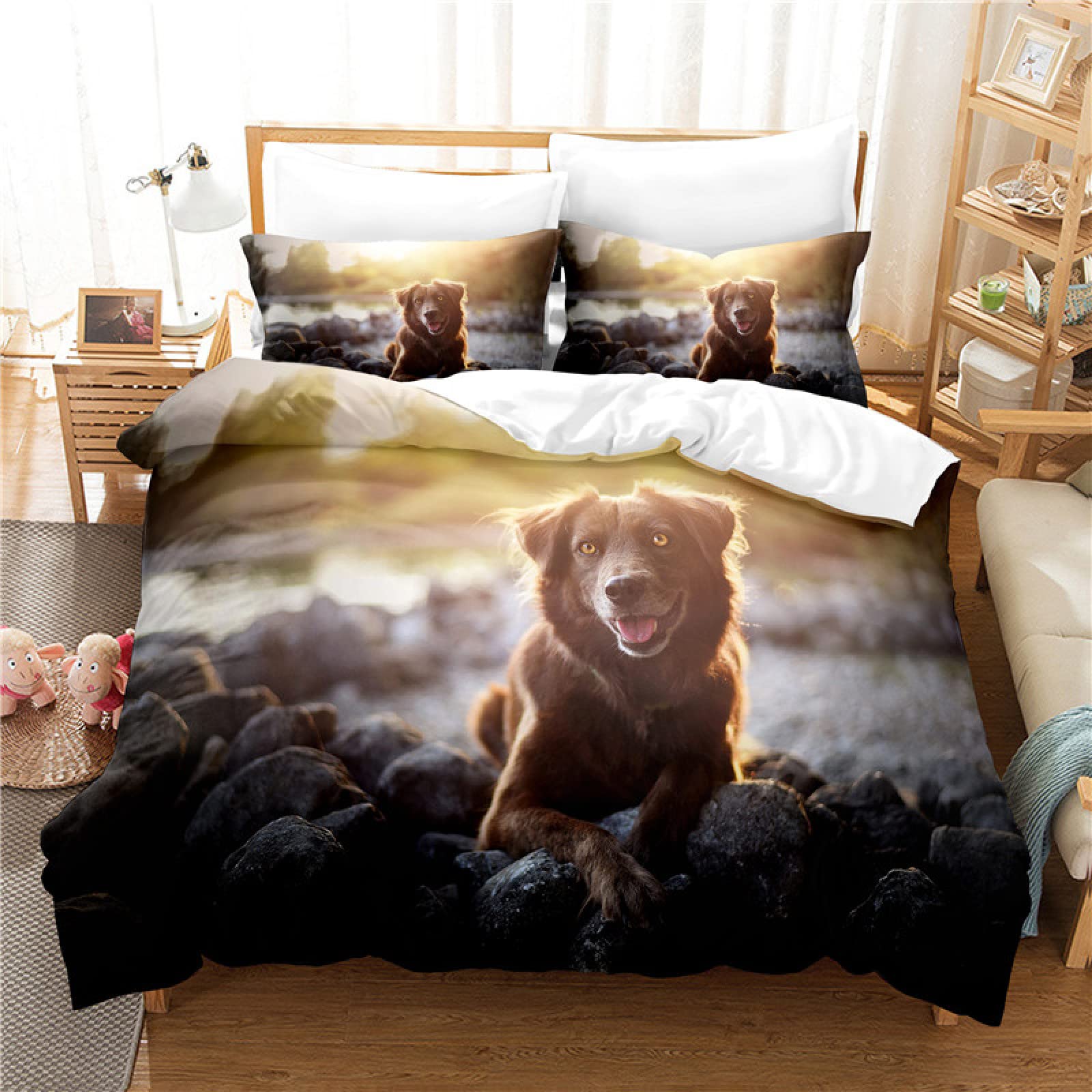 Housse de couette 160x200 chiot gris : le cadeau parfait avec ses 2 taies d'oreiller