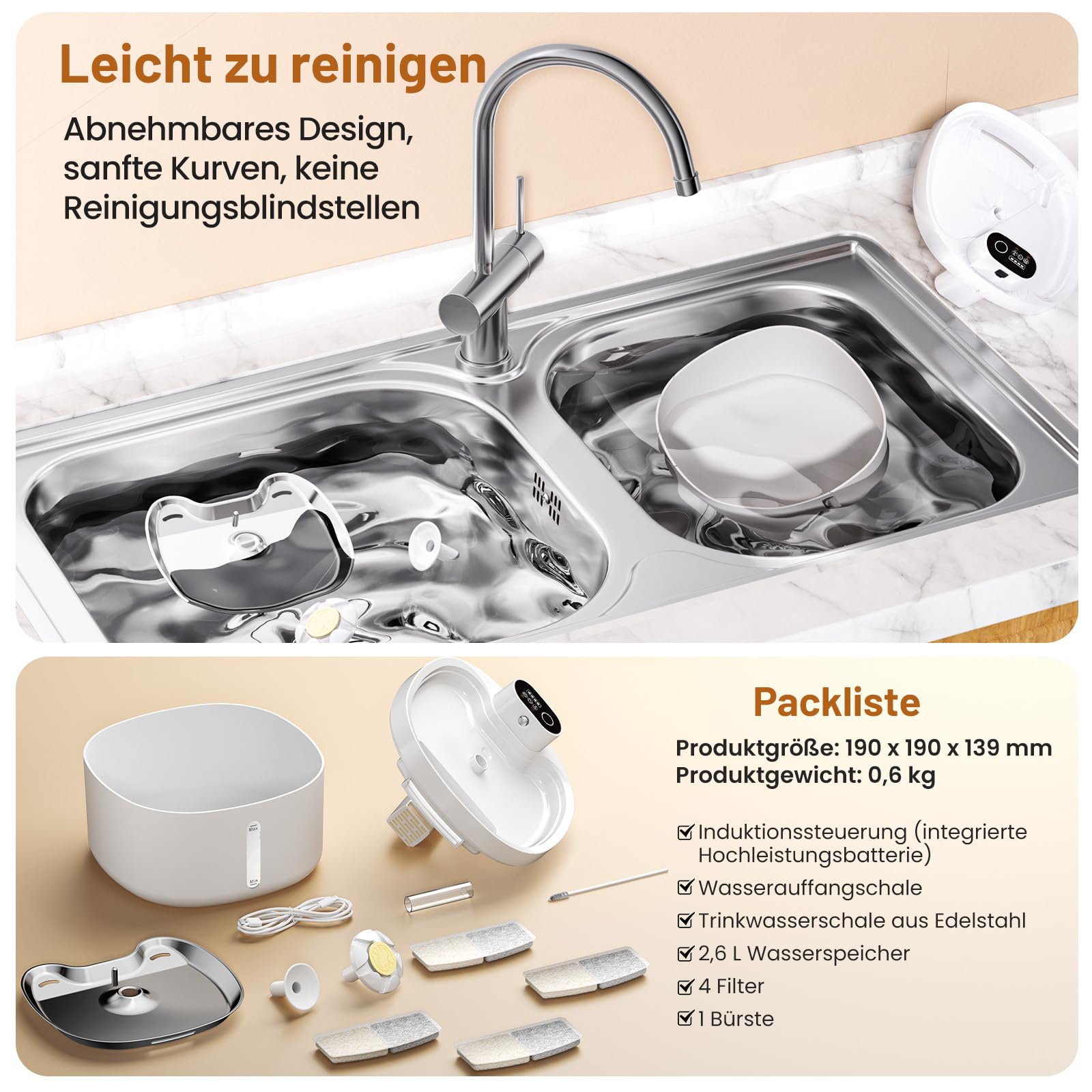 Katzenbrunnen, 2.6L Trinkbrunnen für Katze mit 4 Filter, Leise Katzenbrunnen Kabellos mit Bewegungsmelder, 4000mAh Batteriebetrieben Katzentrinkbrunnen, Tablett aus Edelstahl für Katze - BPA-Frei
