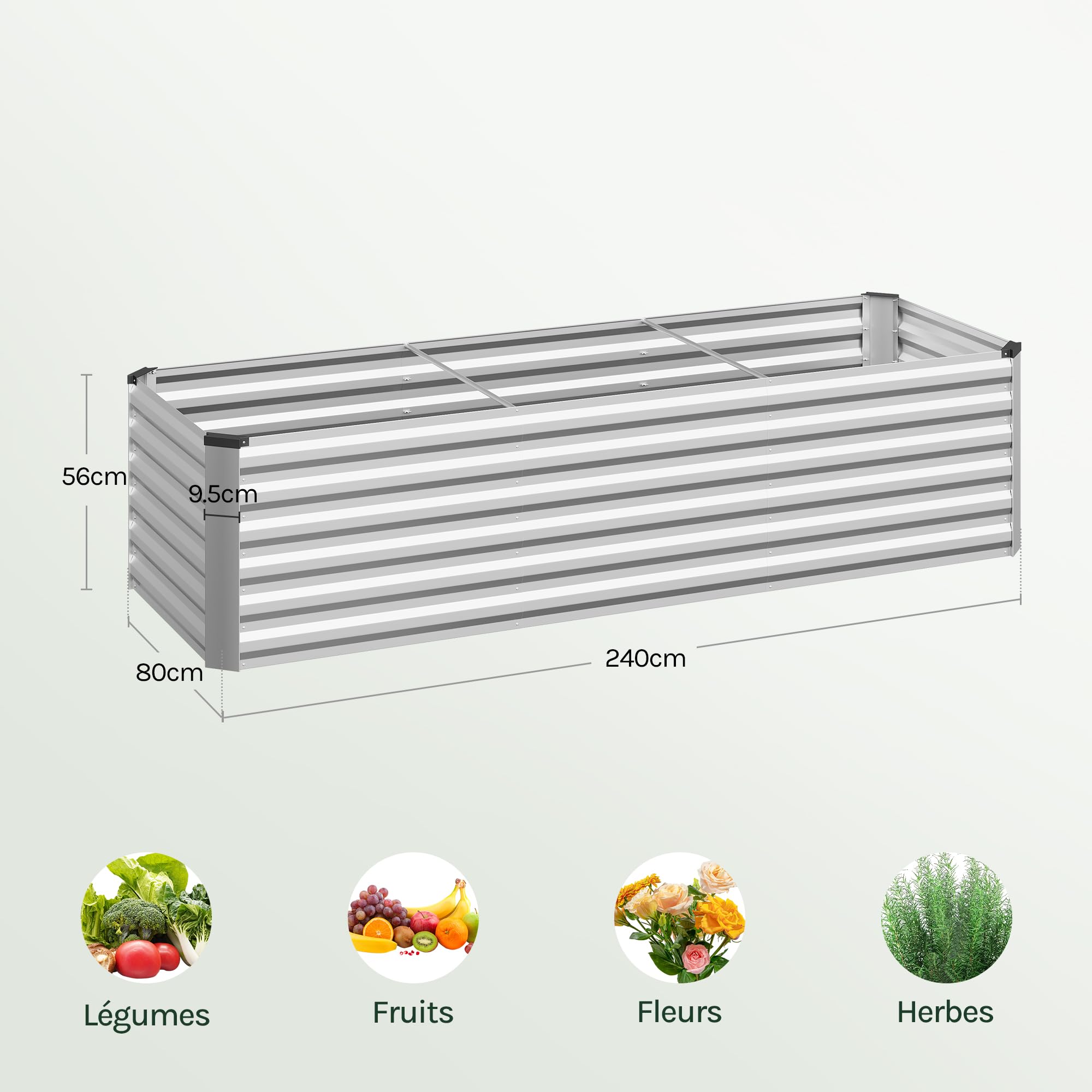 WOLTU Potager Surélevé en Métal, Bac Potager Extérieur 238x80x56cm, Jardinière Rectangulaire en Tôle Galvanisée, pour Légumes, Fleurs et Herbes, pour Jardin, Balcon et Terrasse, en Argenté
