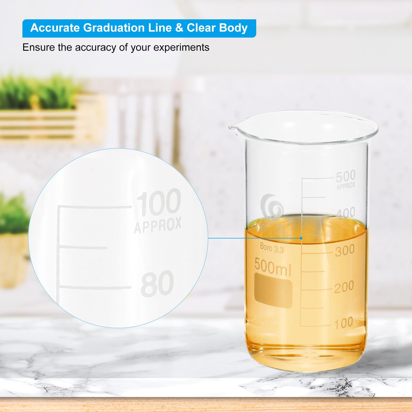 PATIKIL Misurino alto da 500 ml, 6 pezzi, in vetro borosilicato 3.3, graduato, con beccuccio, per esperimenti di laboratorio, cucina e cottura, trasparente