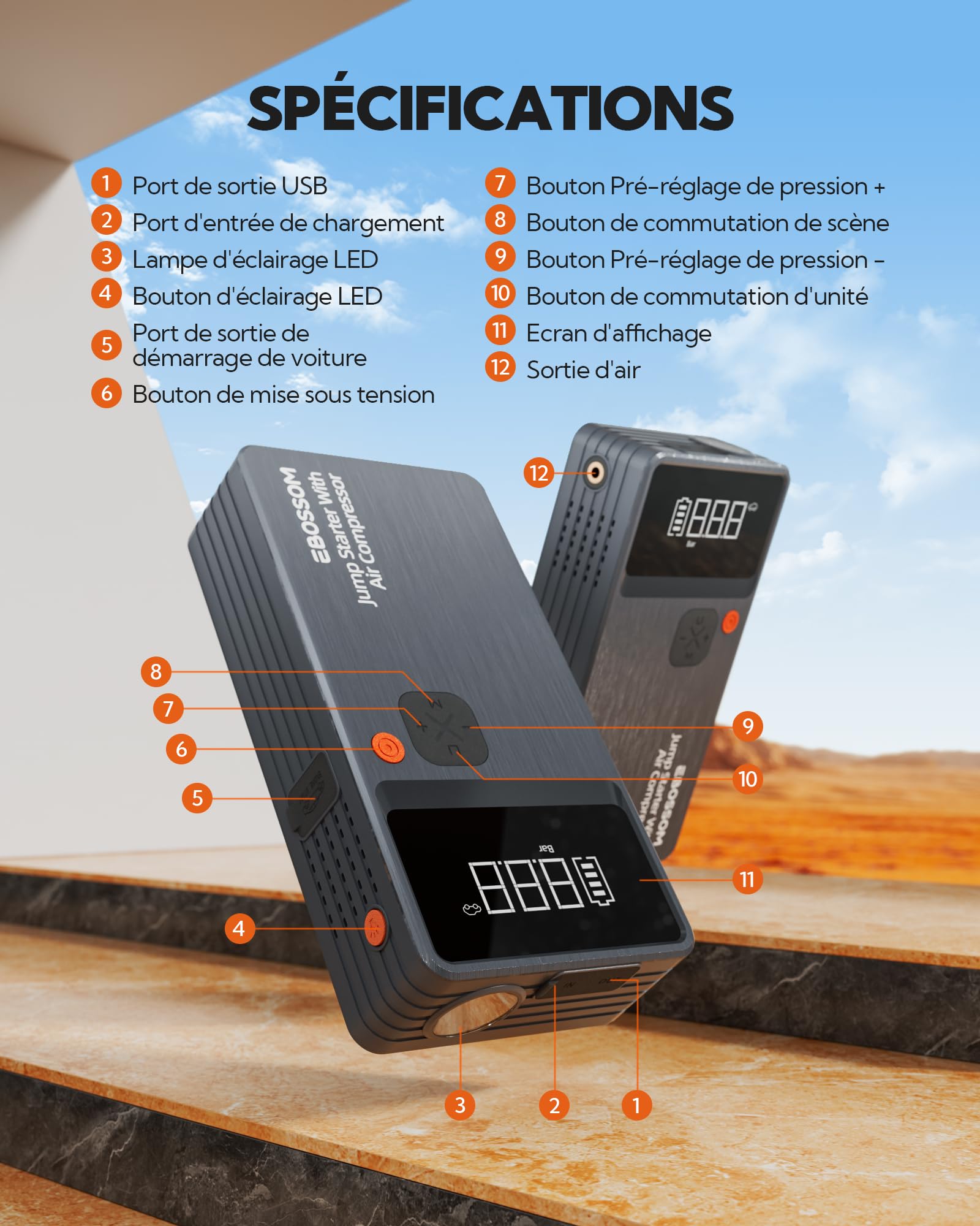 Booster Batterie Voiture avec Gonfleur,Demarreur Batterie Voiture avec Compresseur d'air Portable 7en1,Jump Starter Boost pour Moto de 12000 mAh,Booster d'urgence avec Lampe LED,Charging USB-C