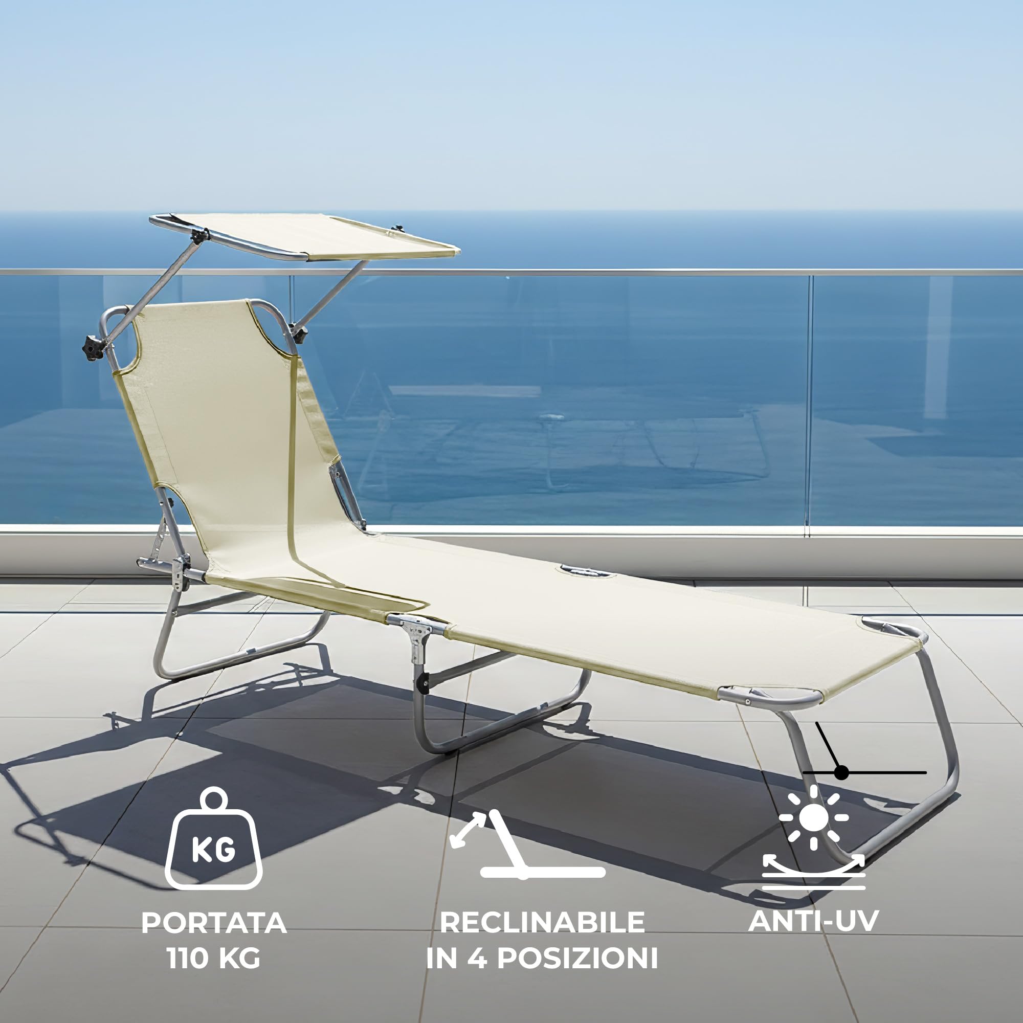 IlGruppone Coppia Lettini Prendisole Pieghevoli con Parasole Regolabile, Schienale Reclinabile in 4 Posizioni, Struttura in Acciaio Anti-Ruggine, Tessuto Impermeabile Anti-UV, Portata 110 kg - Ecru