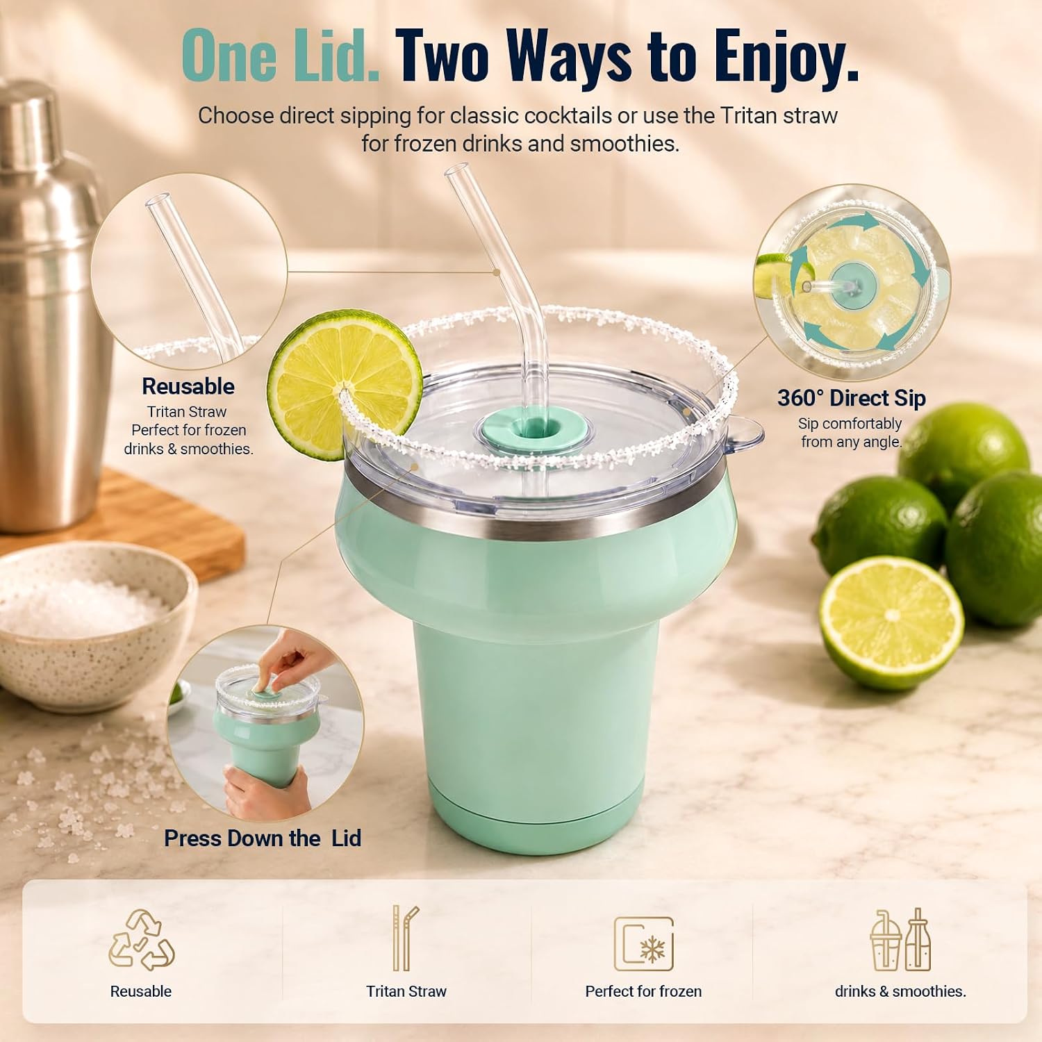 2 Pack 16 oz Ceramic Lined Insulated Margarita Tumblers with Tritan Lids
