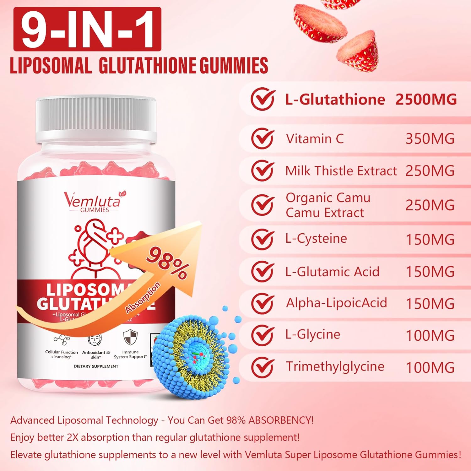 1 Pack 2500MG Liposomal Glutathione Gummies, 2X Absorption Liposomal Glutathione for Women-Complex L-Cysteine, Antioxidant, Skin & Liver Support, Strawberry Flavor, 60 Count - Image 3
