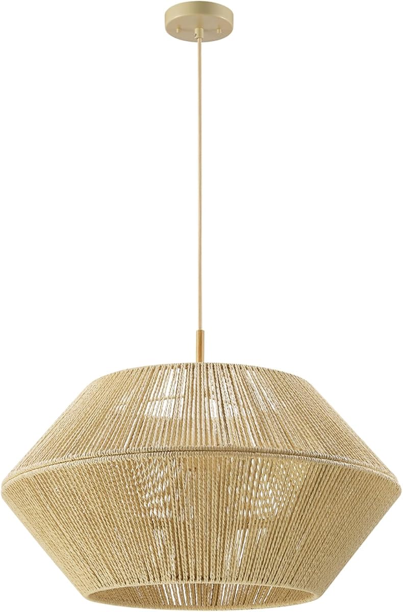 Globe Electric 67000154 Lámpara colgante de 1 luz, tono madera, pantalla de hilo de papel beige, altura ajustable, luces de techo, artículos esenciales para el hogar, cocina, dormitorio, iluminación interior, decoración