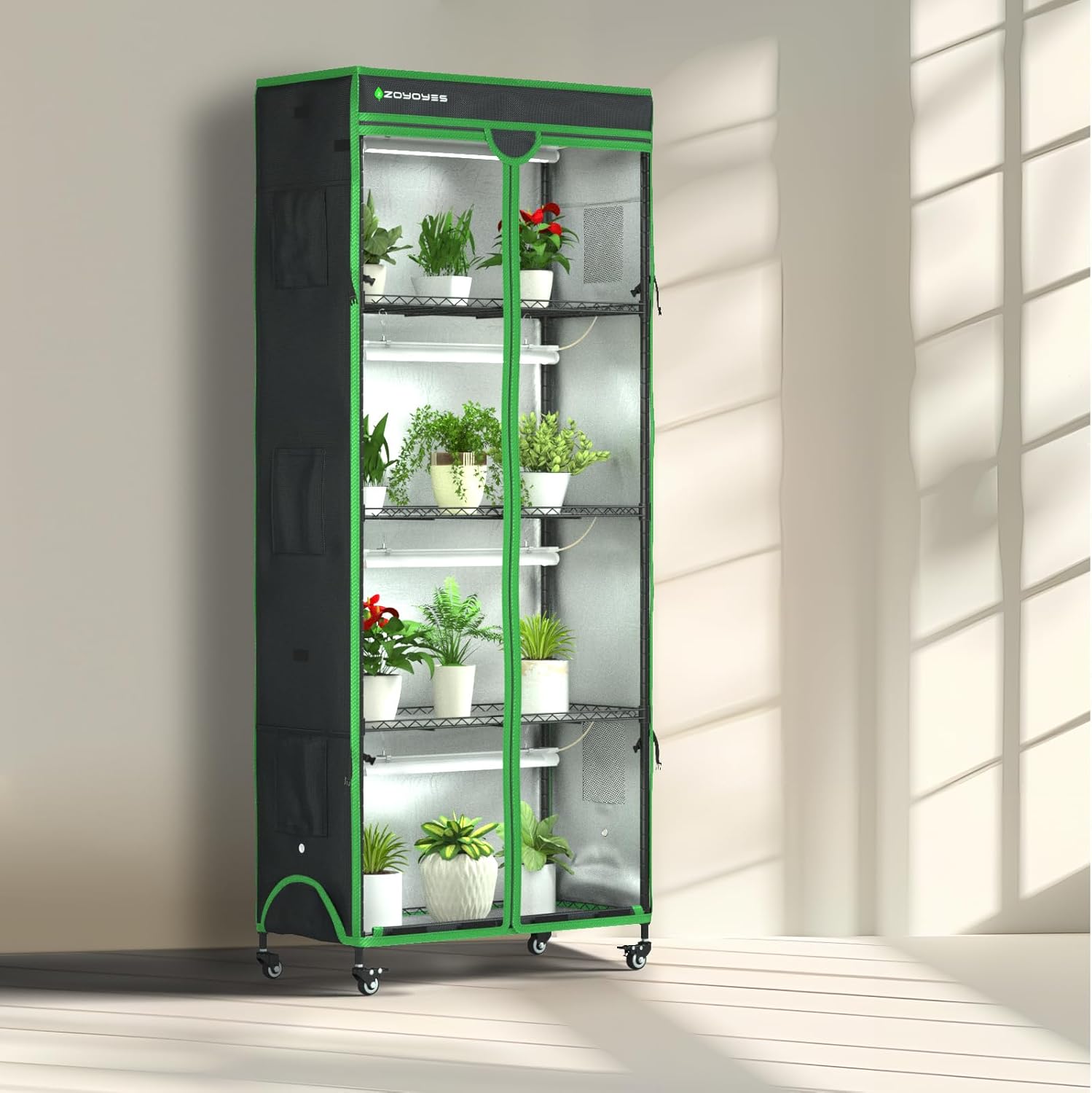 Indoor Greenhouse with Grow Light, 35.8" W x 17.8" D x 71.8" H, 5-Tier Plant Shelf with 3-Color T8 Growth Lights, Plant Stand with Smart Timing Plug and thermohygrometer