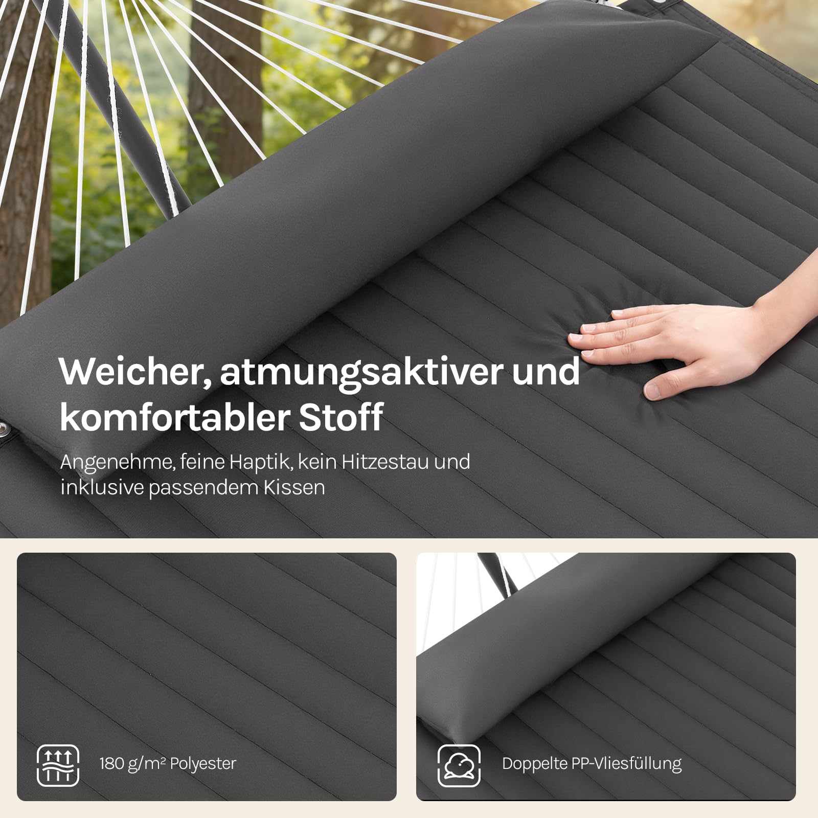 WOLTU Hängematte mit Gestell, Doppelhängematte mit Seitentasche Kissen, Tragbar Hängematte Outdoor für den Garten Terrasse Balkon Camping & Pool belastbar bis 250 kg, für 2 Personen