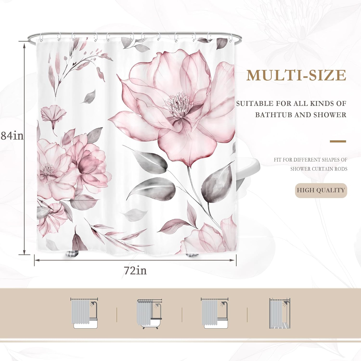 Glawry Pink Floral Shower Curtain 72Wx84L Inches, Watercolor Pink and Gray Peony Flower Shower Curtain for Chic Bathroom, Waterproof Fabric Minimalist Aesthetic Blossom Flowers Artistic Bathroom Decor
