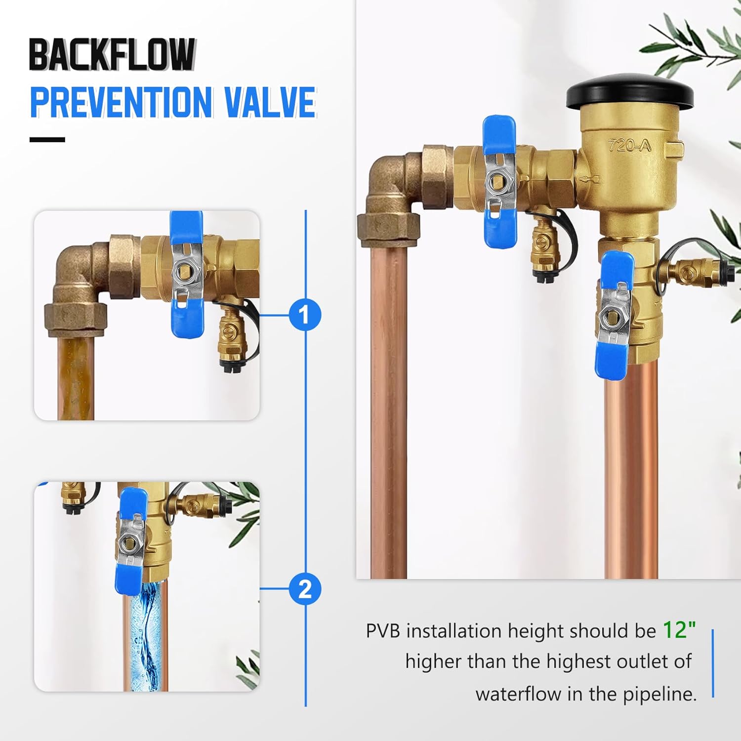 UPGRADED 3/4" 720A Pressure Vacuum Breaker Assembly, Thickened Brass Backflow Preventer Valve, Back Siphon Valves for Irrigation System, Use Sealant Instead of Teflon Tape, MAX 400PSI
