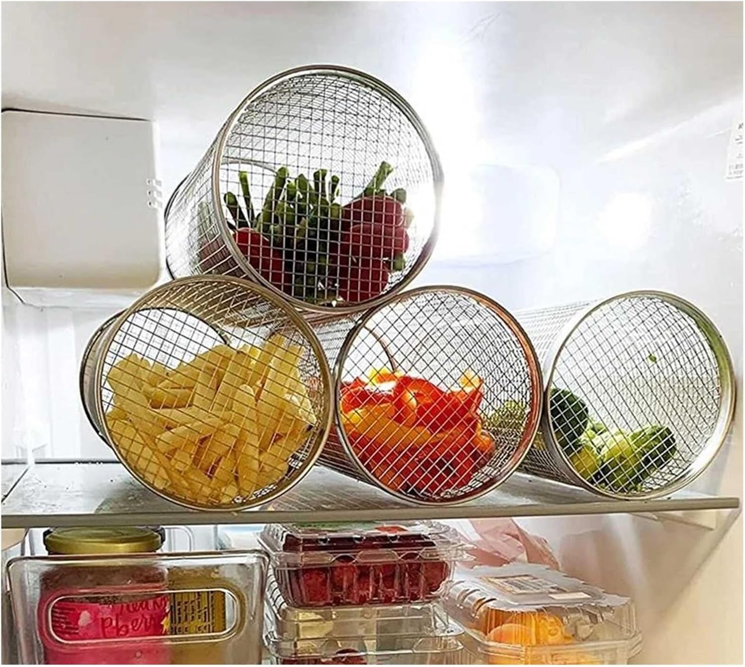 Stainless Steel Mesh Rolling Grill Basket, Cylinder BBQ Basket for Vegetables Shrimp Fish, Outdoor Grilling Accessory, Camping BBQ Tools,