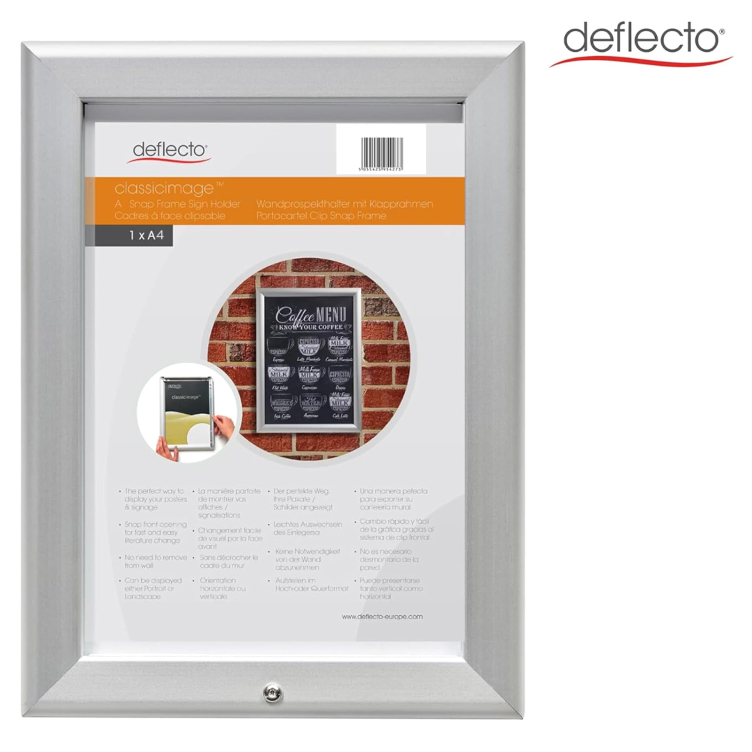 Deflecto Cadre à clipser A4 – Cadre à clip verrouillable en aluminium argenté pour affichage mural – Support de certificat et d'affiche avec clips d'ouverture pratiques sur le devant – Cintre élégant