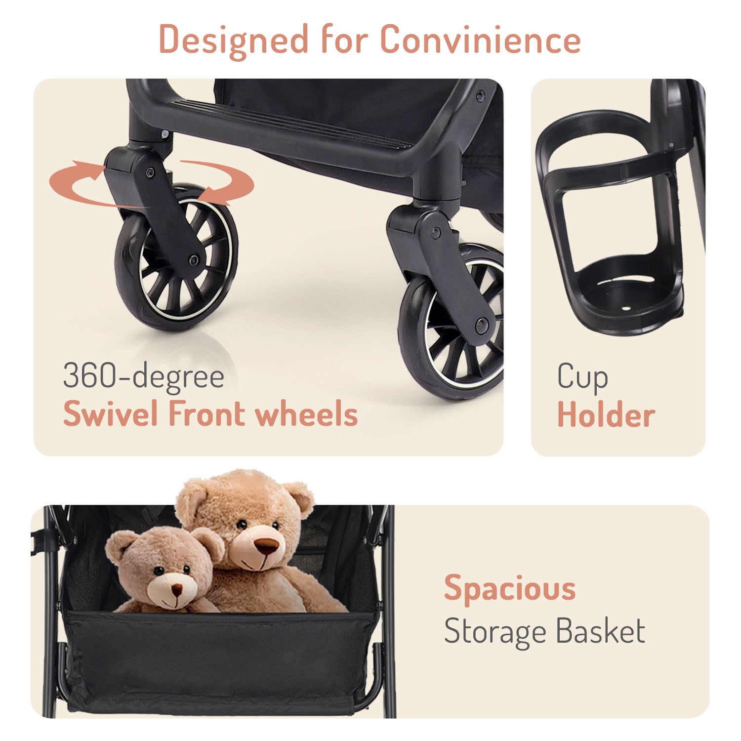 Bonfino Aero Lite Premium Baby Cruiser Stroller with 5-Point Safety Harness&Reclining Backrest, Stroller for 0-3Years Foldable, Storage Basket,Swivel Wheels,Lightweight Pram for Baby/Toddler,Black 3