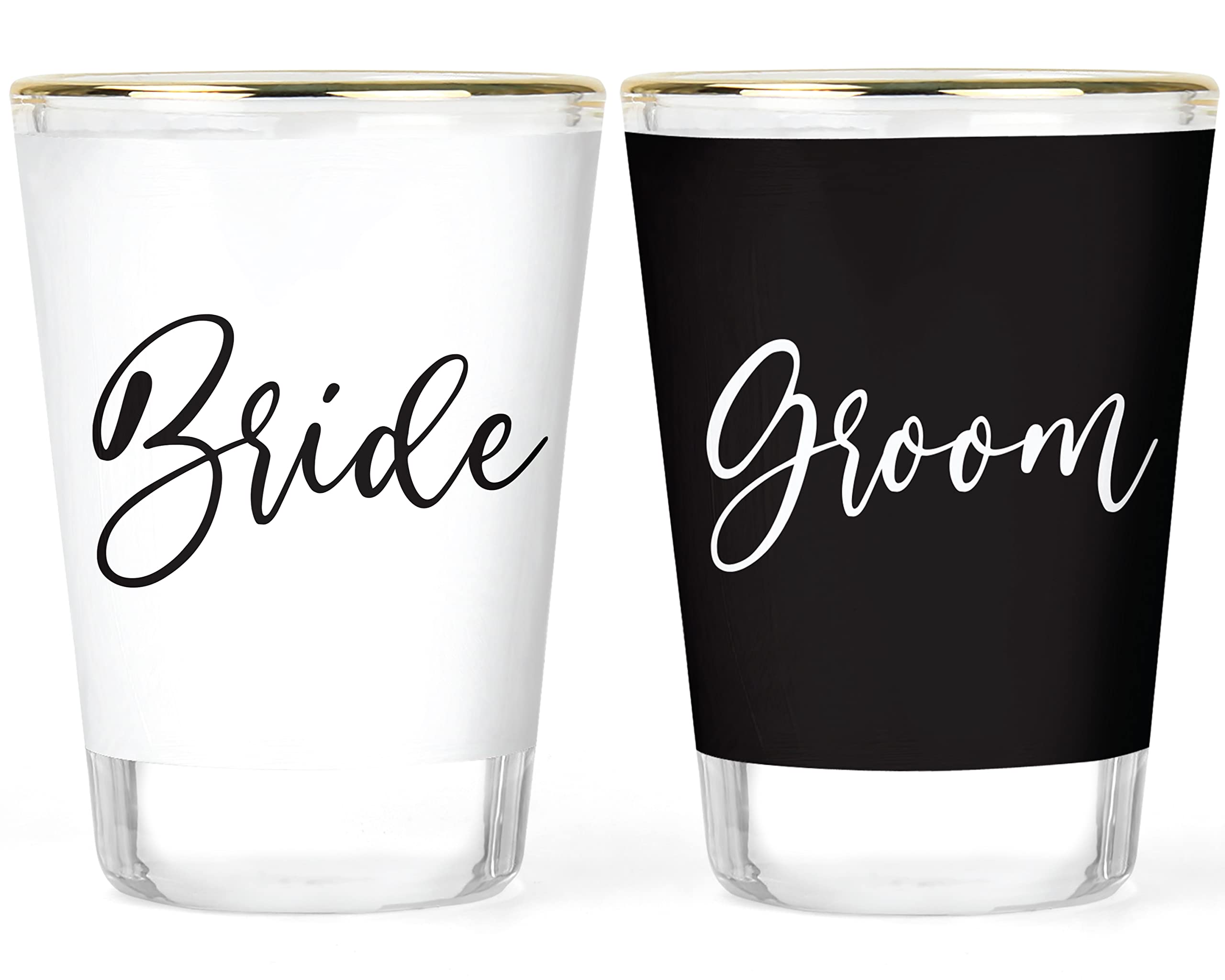 Shot Glasses Bride and Groom - Wedding Shot Glasses - Bride & Groom Gift - Gift for the Newlyweds - Matching Gift Glassware Set - 2 Matching Shot Just Married Gift Set Ideas - 1.5 ounce Gold-rimmed