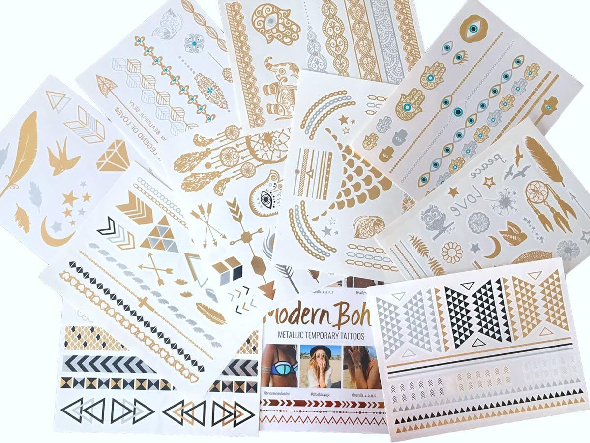 10 Sheets Modern Boho Metallic Tattoos Flash Gold/Silver Ultimate Collection