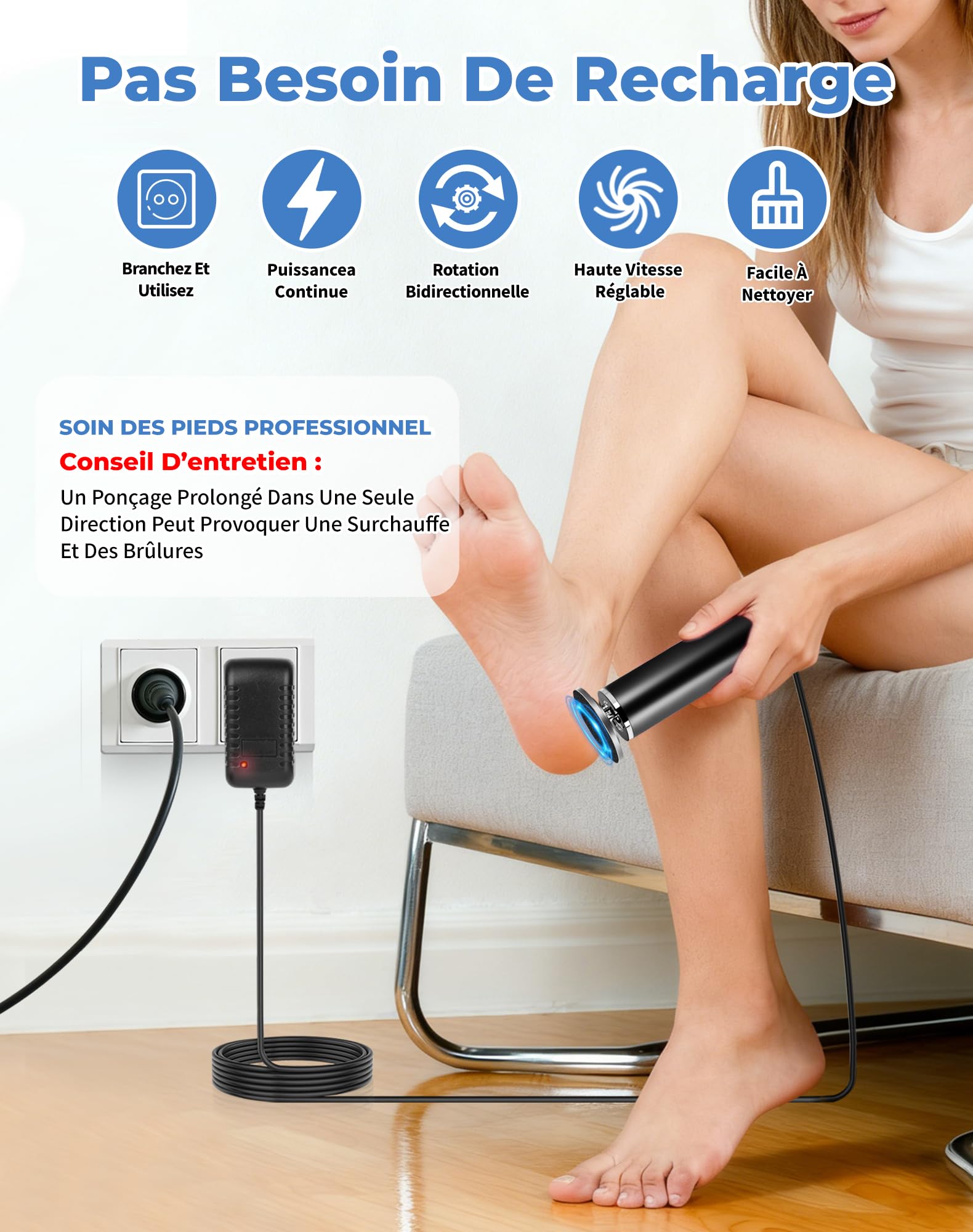 Honey Glow Pied, Râpeuse Pieds Électrique Professionnelle 60 Disques Abrasifs Inclus, Ponceuse Pieds Plug & Play Sans Recharge, Outil De Pédicure Pour Femme & Homme (Noir)