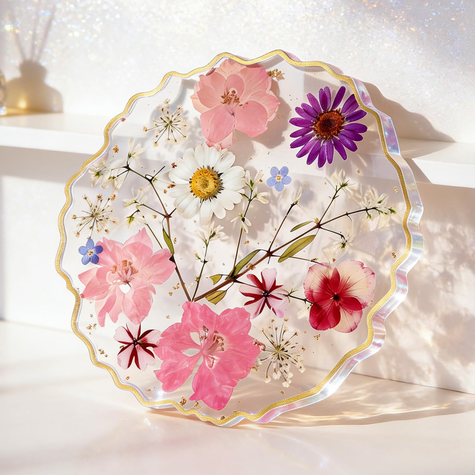 Nymora 1-Piece Colorful Dried Flower Resin Coaster, Cute Non-Slip Cup Mat & Drink Coaster for Home, Office, Bar Decor