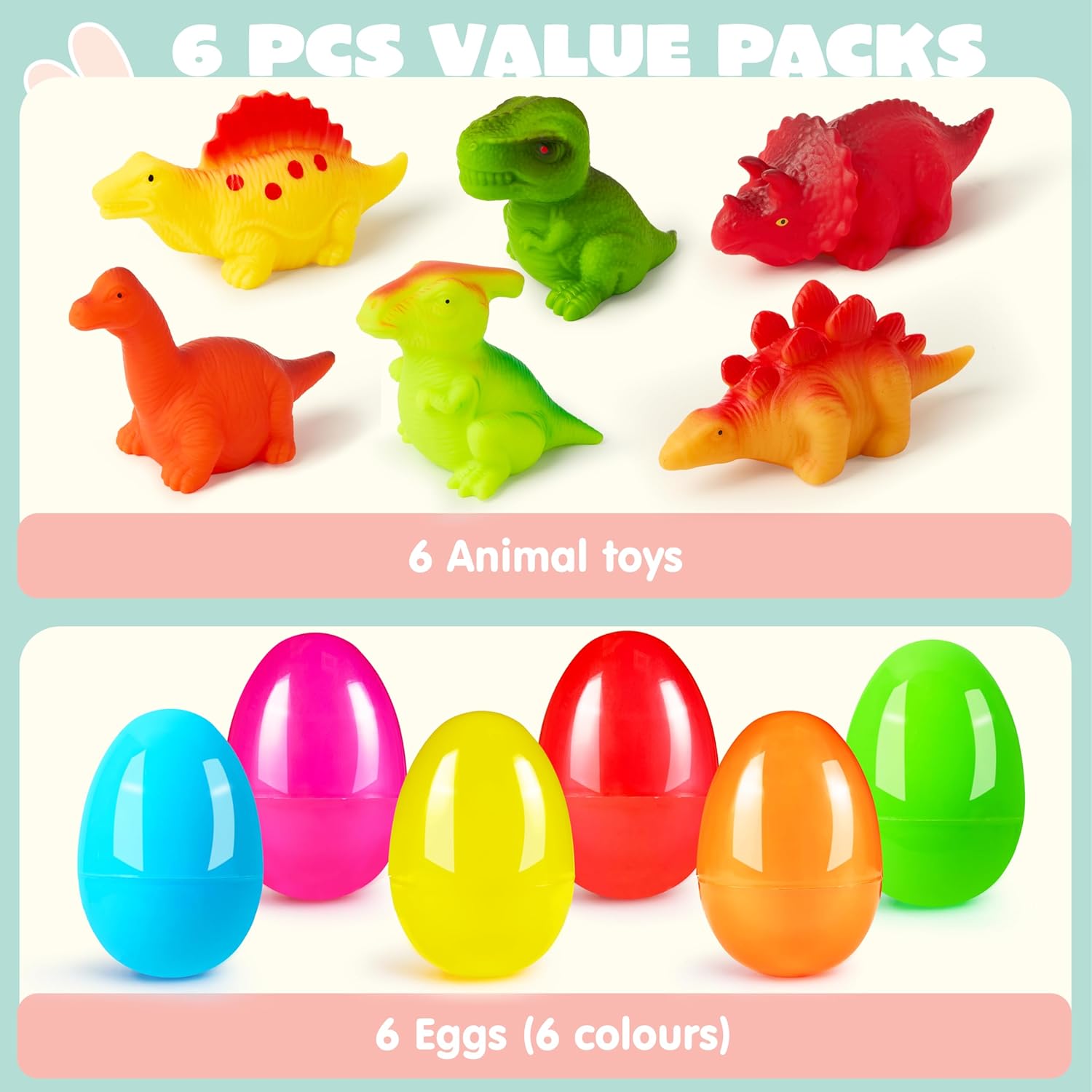 JOYIN 6 Pcs Prefilled Easter Eggs with Floating Dinosaur Light-up Bath Toys, Luminous Bathtub Toys for Kids Easter Eggs Hunt, Toddler Party Favor, Basket Stuffers Filler（Age 3+）