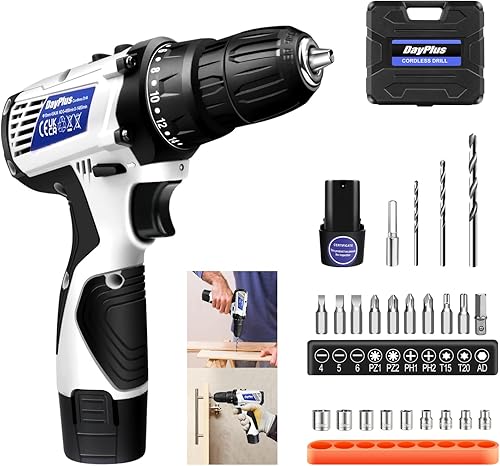 Juego de taladro inalámbrico, kit de taladro de impacto de ajuste de par 18+1 con batería de iones de litio de 1.3 Ah y cargador, taladro eléctrico