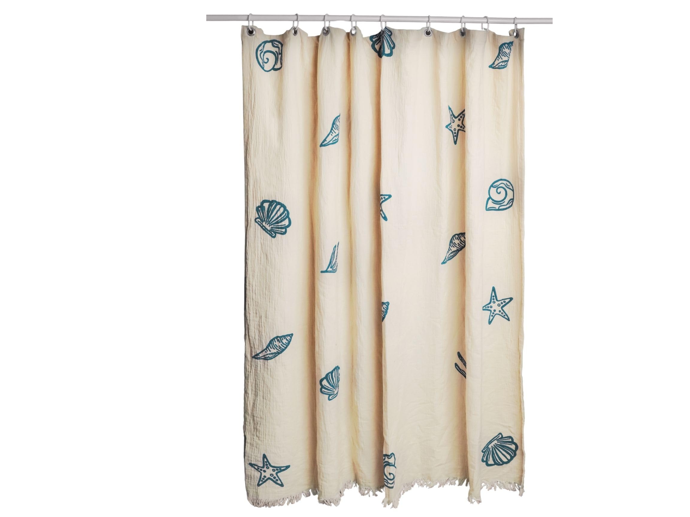 ICONIUM Fashion Sea Shell Printed Linen Shower Curtain, Country Boho Farmhouse Bath Decor Beige Shower Curtains, Muslin Cloth, Fabric Bath Curtain