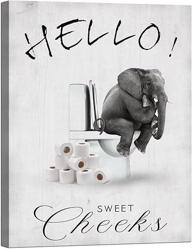 Arte de pared de elefante para baño, decoración de pared en blanco y negro, letreros divertidos con texto en inglés Hello Sweet Cheeks con texto