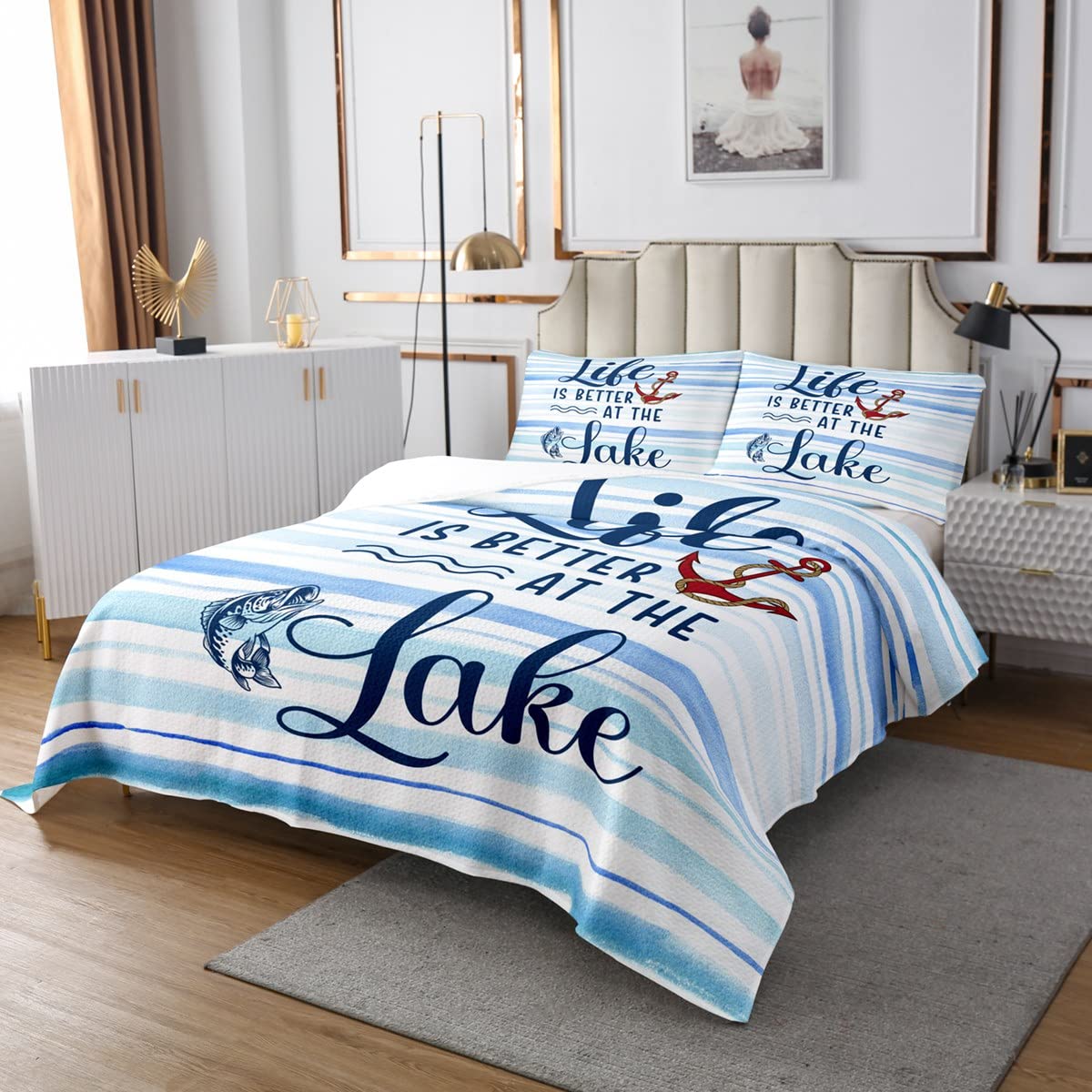 Lake Theme Bedspread Set Queen Size for Kids,Boys Girls Blue Stripes Quilt Set Navigation Theme Bedspread Coverlet Anchor Pattern Bedspread 3 Piece Decorative Bedding Quilted with 2 Pillow Shams