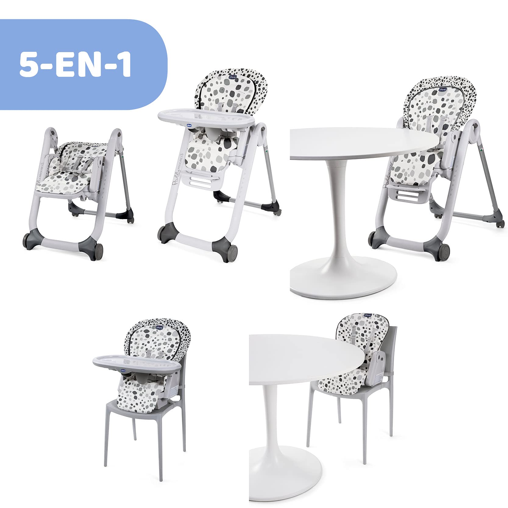 Chicco Polly Progres5 Chaise Haute Évolutive, Convertible en Transat et Rehausseur pour Bébé, Réglable de la Naissance à 3 ans (15 kg), avec 4 Roues, Fermeture Compacte - anthracite