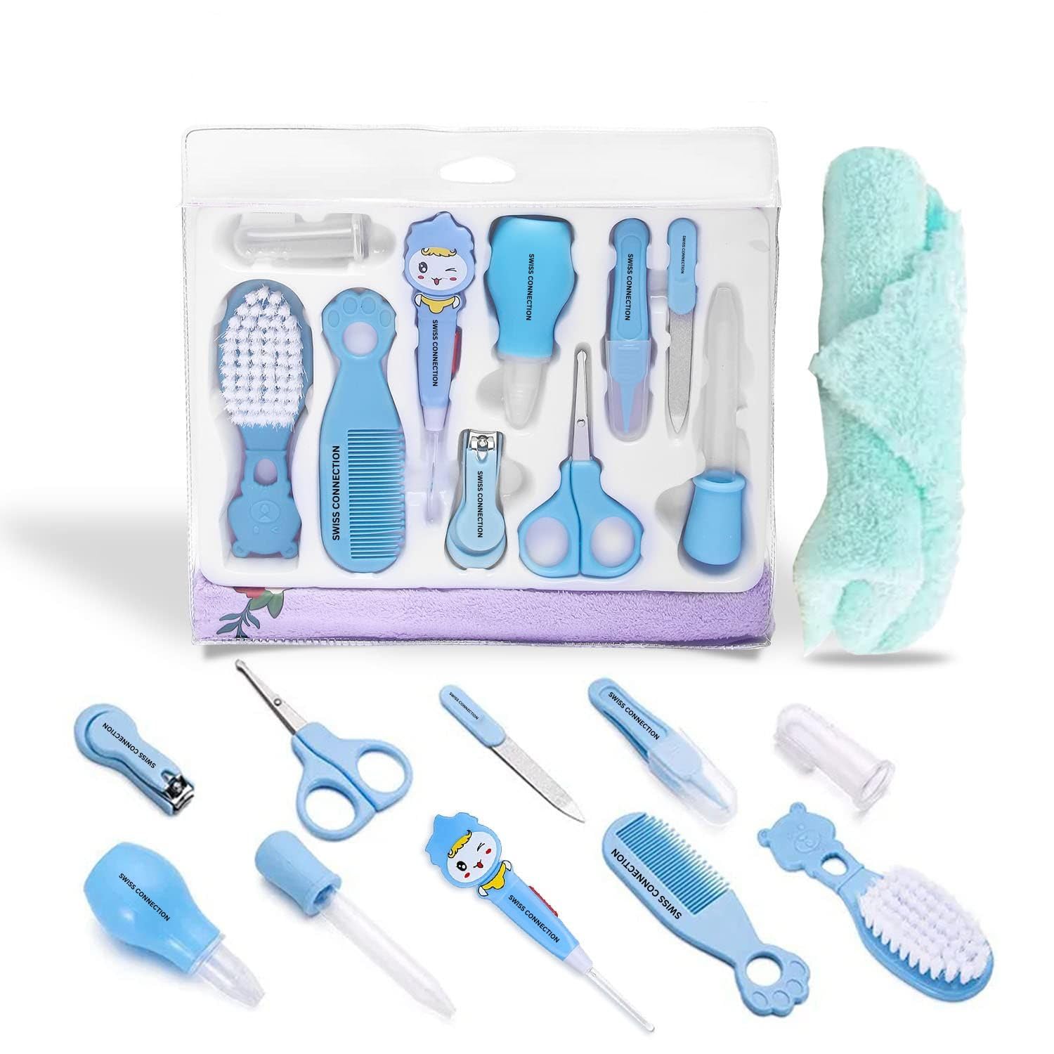 Swiss Connection Baby Grooming Care Kit - 11 Piece, Healthcare, Baby Nail Clipper Scissors Hair Comb Brush Nose Cleaner Soft Baby Towel Safety for Toddler Infant Nursing Grooming (Blue)-image-20