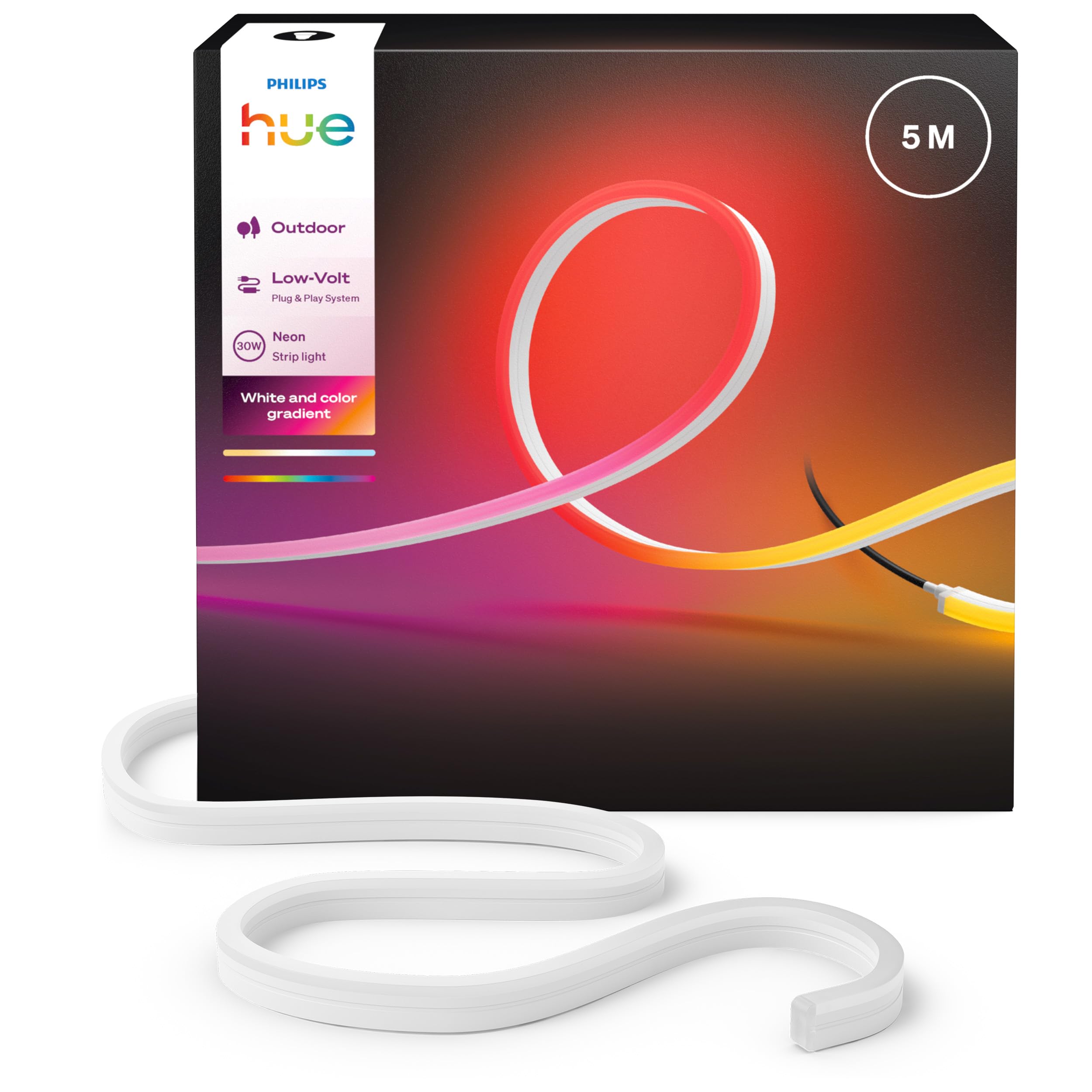 Philips Hue Ruban LED Exterieur Neon, 5 mètres, 1100 lm, Couleurs Vives et Ambiance et Chromasync, Bande LED Extérieur résistante aux intempéries, Basse Tension, Contrôle via Application & Voix
