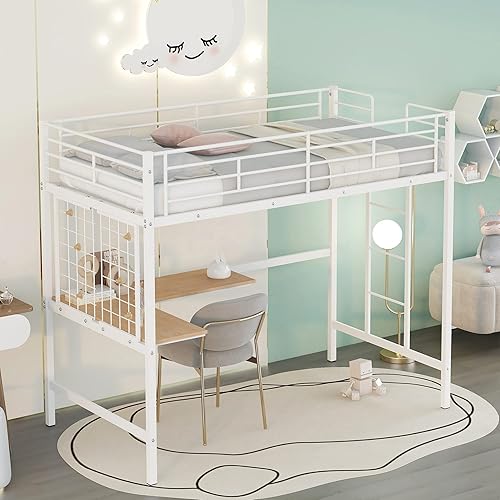 GLORHOME Cama alta de metal tamaño individual con escritorio, rejilla de metal y gran espacio debajo de la cama, perfecta para dormitorio de niños y
