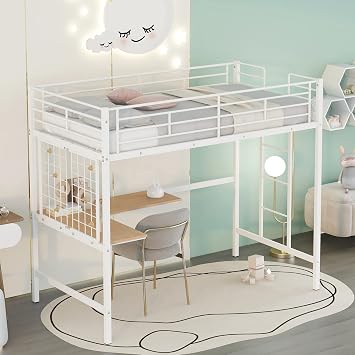 Metal Loft Bed Frame, Twin Size Loft Bed with Desk and Storage Shelves, Metal Bed Frame with Safe Guardrail & Ladder for Kids Teens Adults, Space Saving Loft Bed, No Box Spring Needed White 1