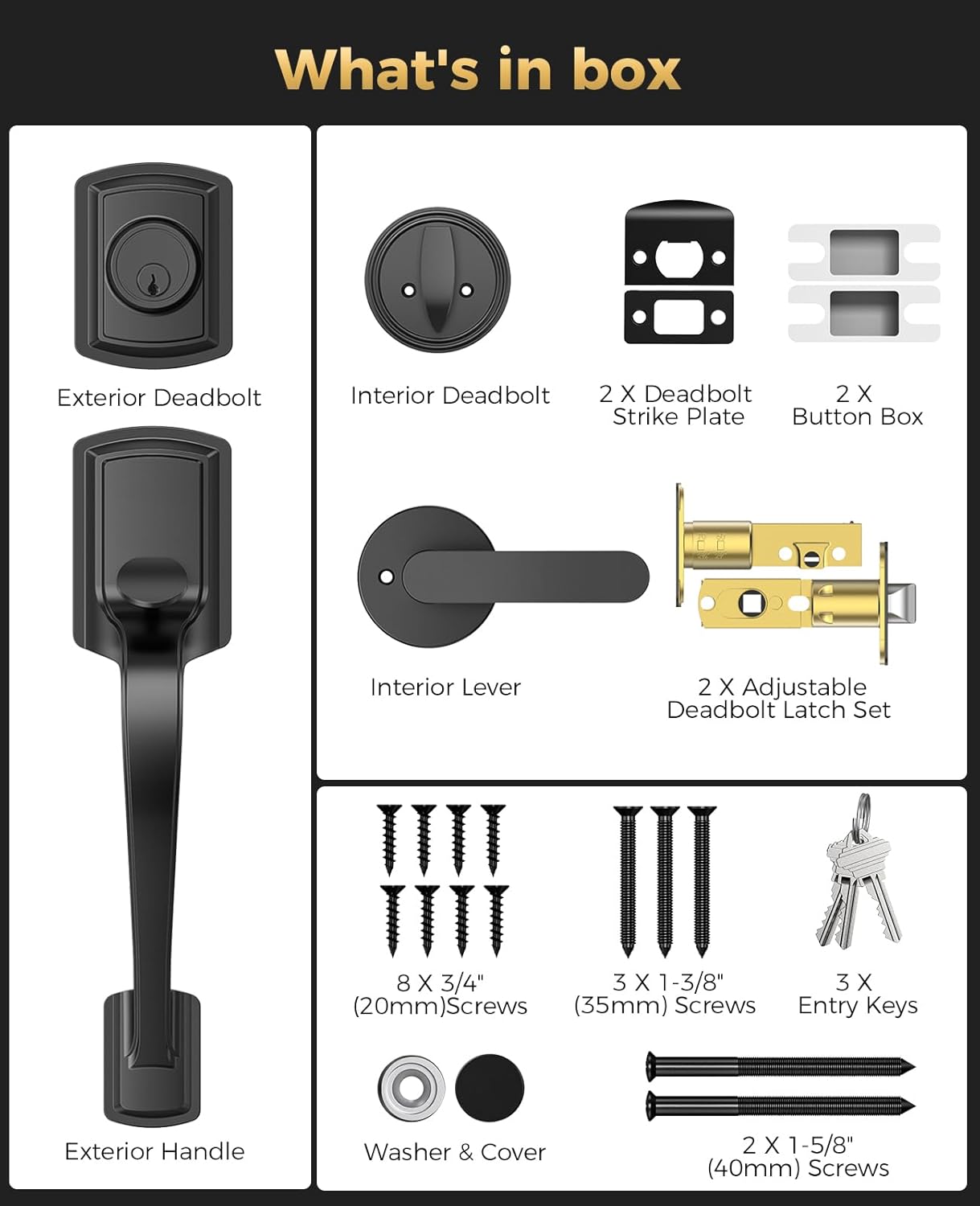 Front Door Handle and Deadbolt Set for Right & Left Handed, Front Door Lock Set with Single Cylinder Deadbolt, Entry Doors Locksets with Modern Exterior Handle, Reversible Lever, Matte Black