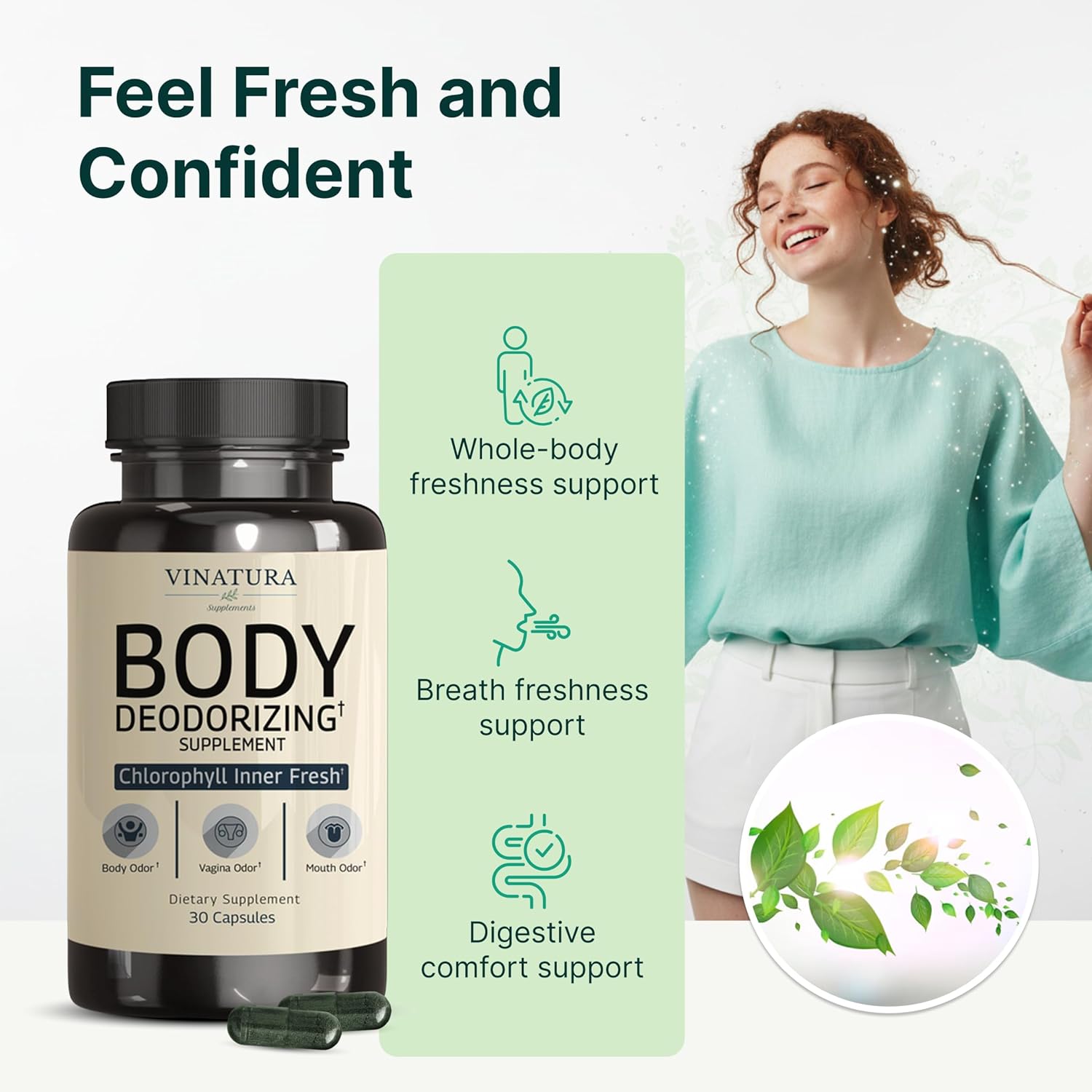 VINATURA Body Deodorizing Supplement for Women - Magic Chlorophyll Pills for Body Odor Eliminator, it Works for Her Internal Deodorant, 30 Capsules - Image 3