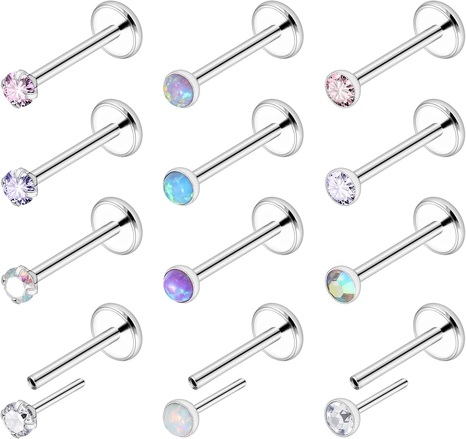 20G 18G 16G Threadless Push in Nose Rings Studs Surgical Steel Pushin Nose Stud 2mm 2.5mm 3mm Round Crystal Opal Labret Lip Medusa Piercing Jewelry Conch Helix Tragus Earring for Women Men