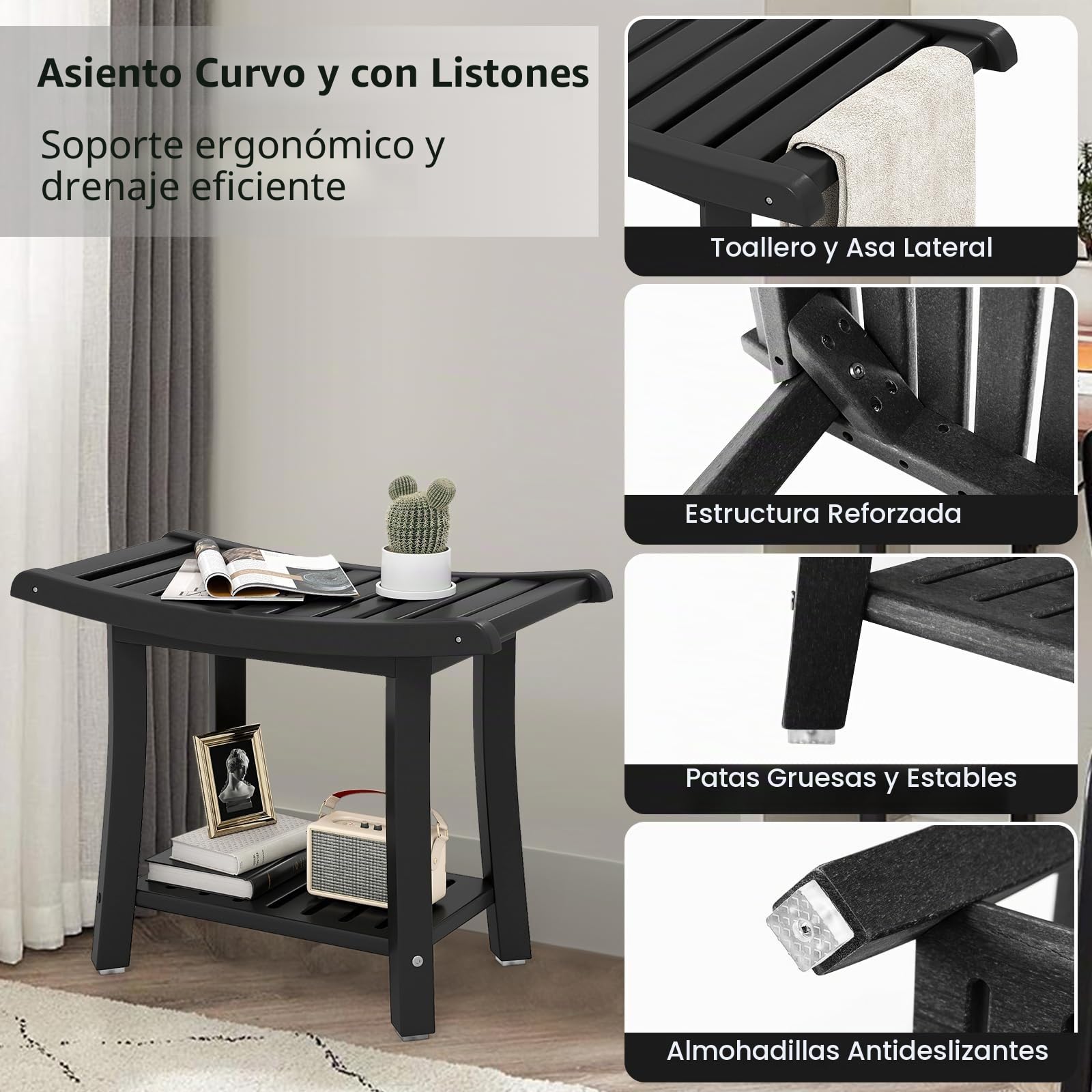 HOMASIS Taburete de Baño de HDPE Antideslizante, Banco de Ducha Multiusos Impermeable con Soporte para Afeitado, Resistente hasta 150 kg (60,5x34x48cm Negro)