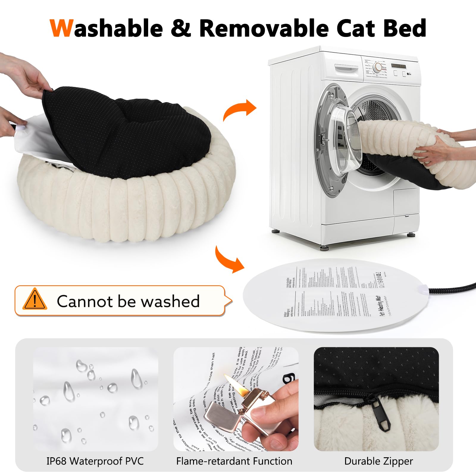 INVENHO Beheiztes Katzenbett für Indoor-Katzen und kleine Hunde, 50,8 cm, gemütliches Donut-Haustierbett mit Timer und einstellbarer Temperatur, abnehmbar, wasserdicht, elektrisches Wärmebett für