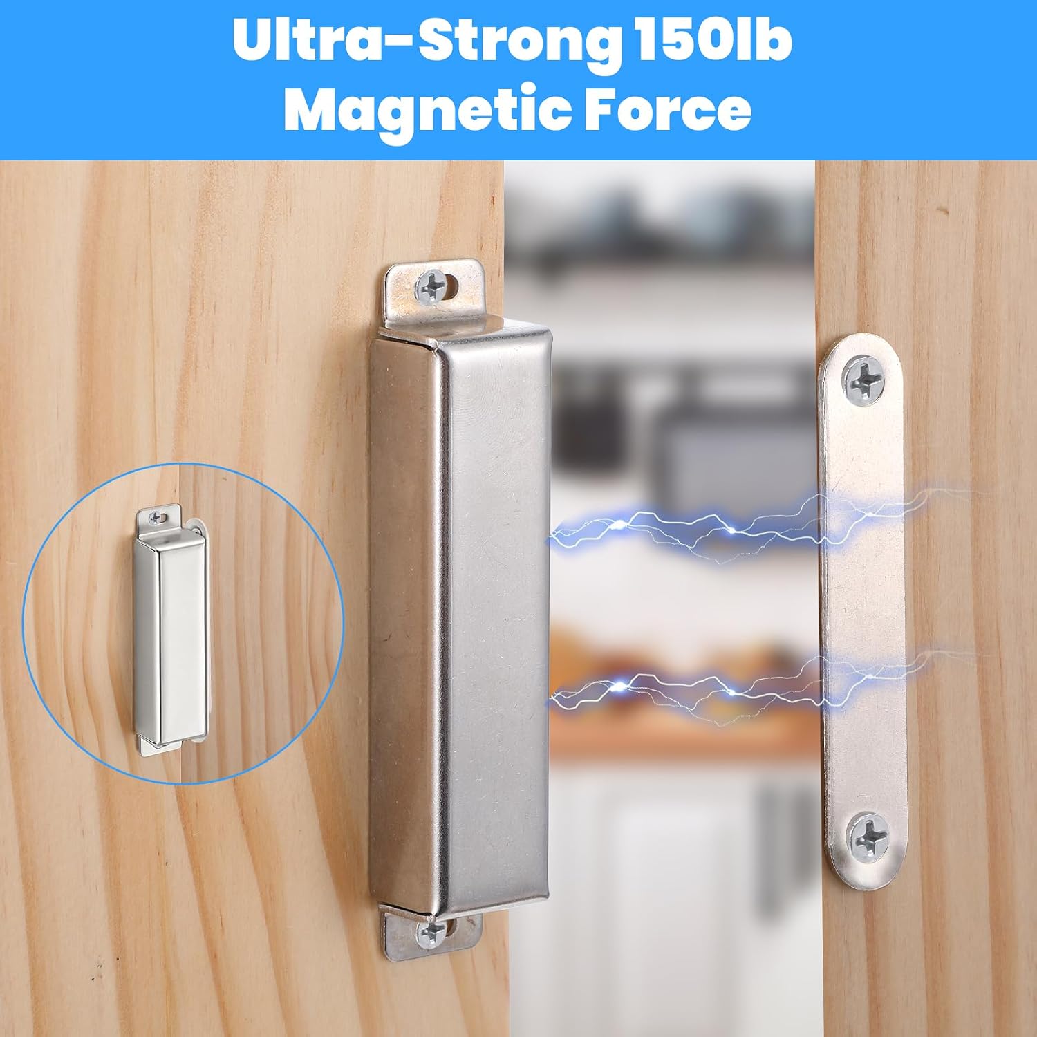 8 Pack Magnetic Door Catch – 150lb Heavy Duty Stainless Steel Cabinet Magnets for Secure Closure, Childproof Design – Ideal for Kitchen, Bathroom, Wardrobe, Closet (3.79”, Silver)