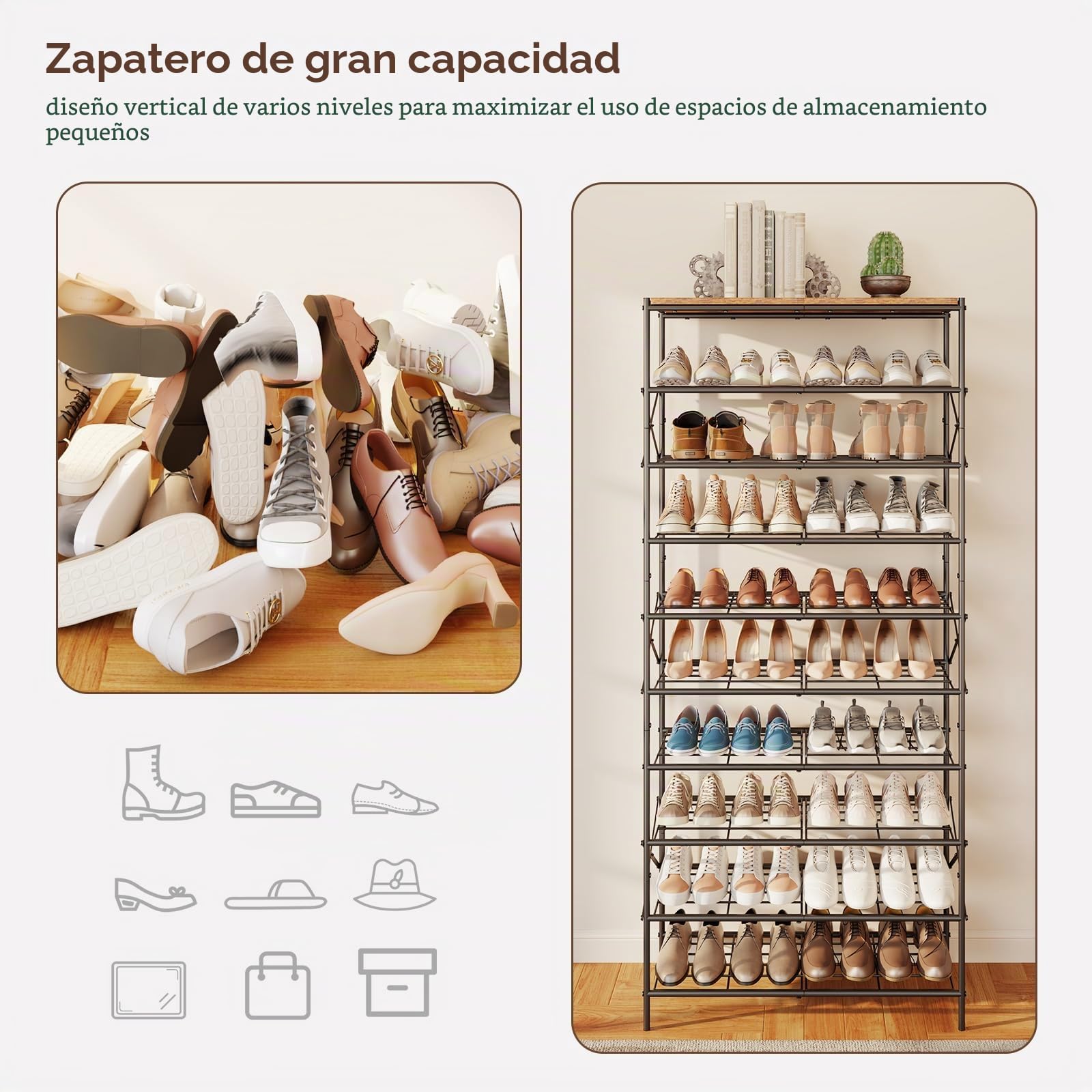 IBUYKE Zapatero con 10 Niveles, Gran Capacidad Estantería para Zapatos para 40 Pares de Zapatos, Organizador de Zapatos de Metal para Entrada Pasillo Sala de Estar, Marrón Rústico y Negro TXJ010H