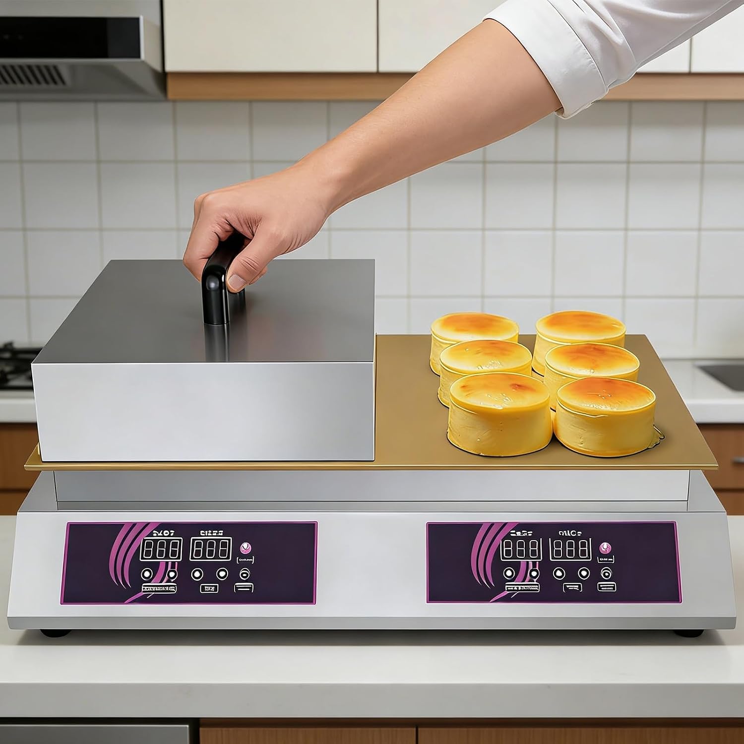 Electric Souffle Maker & Commercial Souffle Making Machine Pancake Maker Non-Stick Single Copper Plate Muffin Pancake Dorayaki Souffle Machine Restaurant Bakery Copper(Double Board)