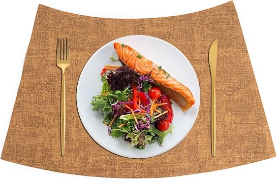 Faux Leather Wedge Placemats for Round Table, Washable Wipeable Waterproof PU Table Place Mats Set of 4/6/8, Easy to Clean Color Brown, Size Set of 4